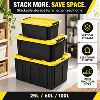 Bac de rangement robuste en plastique empilable noir et jaune de 25L, 60L, 100L pour outils et sous-sol