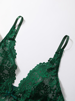 Combinaison en satin à fleurs vert émeraude pour femmes grandes tailles, dentelle fine semi-transparente, décolleté en V profond, bretelles réglables, respirante, romantique