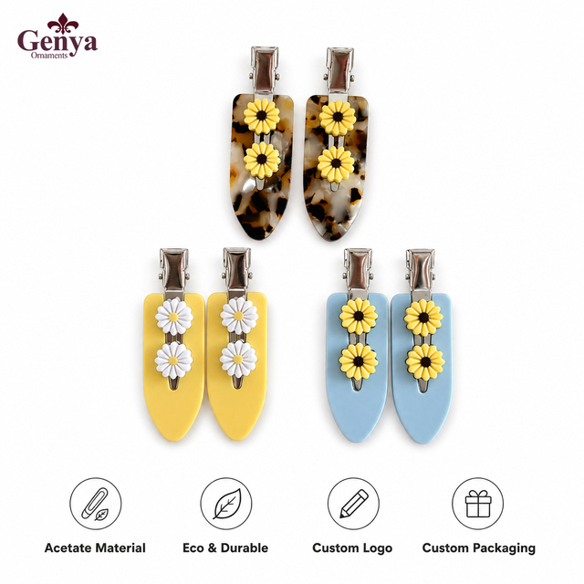 GENYA Custom Sweet Metal Acetate Flower Duckbill Hair Pin Vintage Design No Crease Hair Clip for Women Girls Hair Accessories