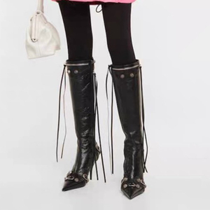 Bottes en cuir noir 2025 pour femme, à pampilles, de créateur, chaussures de soirée de luxe, bottes hautes à talons pour femme - Product Image 3