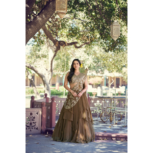 Élégant Lehenga Choli en soie marron avec broderie dorée, tenue traditionnelle indienne pour mariage, longueur au sol, coupe ample, tenue ethnique - Product Image 3