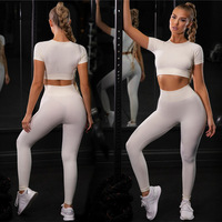 Ensemble de yoga deux pièces pour femme, sans couture, très élastique, ajusté, couleur unie, taille haute - Haut à manches courtes et pantalon long