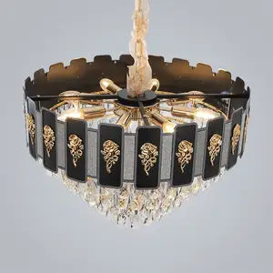 Lustre de teto de cristal de ferro preto, luminária luxuosa de luxo com pingente de cristal, lustre suspensão para hotel