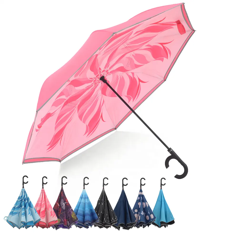 Paraguas de viaje para coche, sombrilla de doble capa invertida, resistente al viento, con mango en forma de C