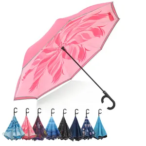 Двухслойный перевернутый обратный самостоятельный ветрозащитный большой прямой дорожный зонт для автомобиля, дождя, улицы с C-образной ручкой