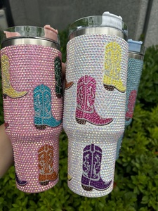40oz Blanc Bling Rhinestone Cowboy Crystal Boots Tumblers Western Cowboy Boot Tasses à café avec poignée et couvercles - Product Image 5