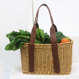 Cesta de compras de plástico tejida de ratán con 2 asas, fácil de transportar, cesta de almacenamiento portátil para uso en supermercados y campamentos - Product Image 2