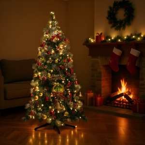 Sapin de Noël artificiel D0100HPZZSG de 7 pieds pré-éclairé avec 400 lumières LED blanc chaud, pliable, base en plastique pour intérieur - Product Image 2