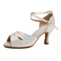Chaussures de danse latine en satin noir LUOQIAO D024 pour femmes, avec strass brillants, semelle souple, talon moyen de 6 cm, pour la performance et la compétition