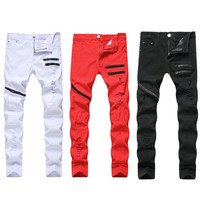 Jeans Männer Ripped Skinny Jeans Schwarz Rot Weiß Hosen Motorrad Party Freizeit hose Street Clothes Man Denim Kleidung