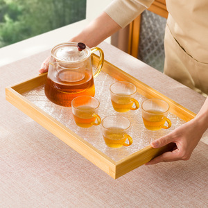 Plateau à thé en bambou rectangulaire de grande taille avec insert en verre pour tasses à thé et gobelets à eau, utilisation en restaurant, style chinois simple - Product Image 1