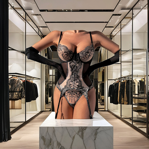 Lingerie Teddy in Pizzo <span class=keywords><strong>Nero</strong></span> Trasparente Sottile Eco-Friendly V-Connected con Guanti, Sexy e Modellante per Ragazze, Esente IVA - Product Image 2