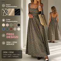 Robe longue décontractée d'été pour femme, 100 % coton, imprimé à carreaux noirs, col carré, sans manches, coupe trapèze, taille froncée