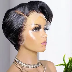 YF Wholesale Short Wig Indian Virgin Remy 13x4 Transparent Full Lace Front Wig Short Pixie Cut Human Hair Wigs for Black Women