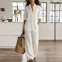 Ensemble 2 pièces décontracté femme printemps/été, haut et pantalon longs en coton-lin, sans repassage, couleur unie