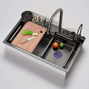 Évier de <span class=keywords><strong>cuisine</strong></span> intelligent en acier inoxydable 304 Nano moderne avec cascade, poste de travail, écran LED, lave-tasses intégré et porte-couteaux - Product Image 1
