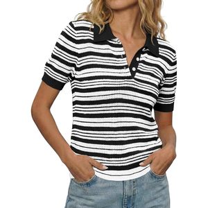 Fisoew Womens Striped Knit Polo Shirt Short Sleeve Collared Cotton Breathable Casual Summer <b>Top</b> Regular Fit - Product Image 1
