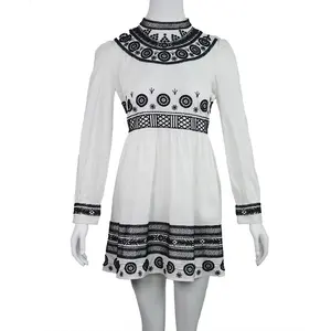 Fashion Party Vintage Style Dress Cotton Apparel Stb-0877 Embroidered Women Long Sleeve Casual Dresses Summer Floral Round Neck