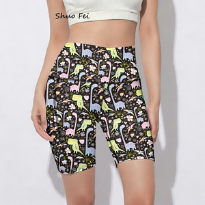 Shorts de <span class=keywords><strong>yoga</strong></span> pour femmes, motif dinosaure fantaisie, imprimé dessin animé mignon, 230 g/m², en soie de lait double brossée, taille haute élastique, extensible dans les quatre sens - Product Image 1