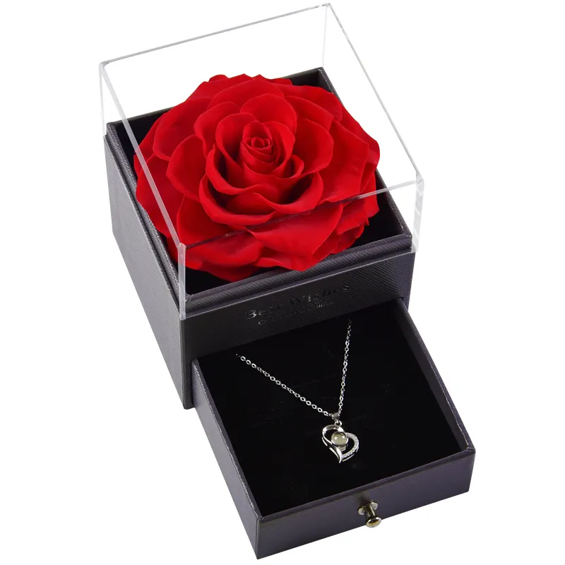 Wholesale Acrylic Real Eternal Preserved Rose With Jewelry Drawer Box For Mothers day Valentine Wedding Gift