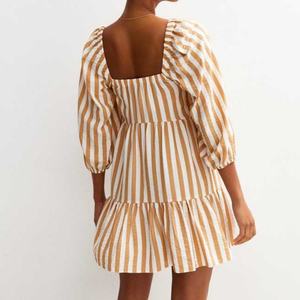 Vestido de Verano de Lino de Manga Corta Elegante para Mujer, Diseño a Rayas, Informal, de Algodón, Mini Vestido, Personalizado OEM de Alta Calidad - Product Image 4