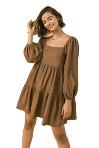 New Design Corduroy Mini <strong>Dress</strong> Featuring square Neckline <strong>Peasant</strong> Sleeve Tiered Body Patchwork Woman <strong>Dress</strong> - Product Image 6