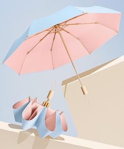 High Quality <b>Windproof</b> Colorful UV Protective Waterproof Manual Open Wooden Handle Three Folding Sun Rain <b>Umbrella</b> Logo - Product Image 2