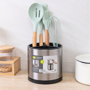 Stainless Steel Round Cutlery Holder With Compartment Kitchen Organizer Spatula Storage Bucket For Utensils - Product Image 1