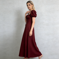 Robes pour femmes, style midi, décontractées, élégantes, pour les fêtes, les rendez-vous, le quotidien, en tissu tissé, coupe ajustée, col carré, manches bouffantes, détail de nœud, couleur bordeaux