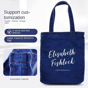 Sac à main personnalisé pour femme, tendance, en jean et toile, imprimé lettres, sac de shopping en gros - Product Image 1