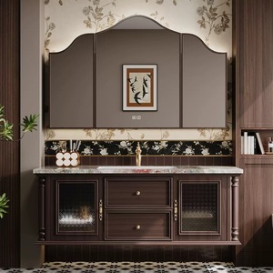 Mobile Bagno in Legno Massello Cinese, Finitura Laccata Moderna Color <span class=keywords><strong>Castagno</strong></span>, Lavabo in Ceramica a Parete, Specchio Smart per Casa - Product Image 1