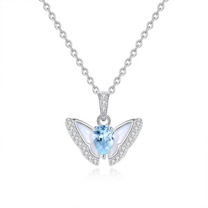 Collier papillon en nacre et topaze bleue en forme de goutte d'eau, pierre naturelle taille poire 4*6mm, bijoux en argent sterling 925 - Product Image 1