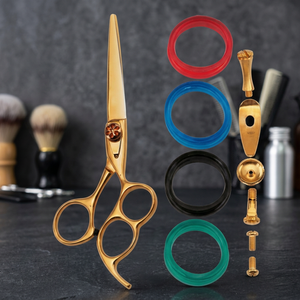 Ciseaux de barbier professionnels en acier inoxydable de 5 pouces pour droitiers avec vis réglable et inserts de bagues de doigt en quatre couleurs - Product Image 6