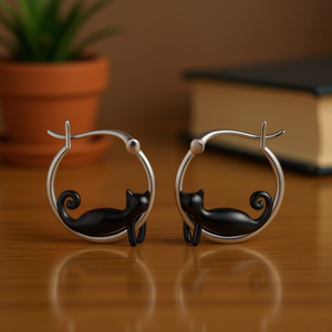 E4762 White Gold <b>Hoop</b> <b>Earrings</b> With Black Cat Design For Women Cute Animal <b>Fashion</b> Jewelry Alloy <b>Earrings</b> - Product Image 2