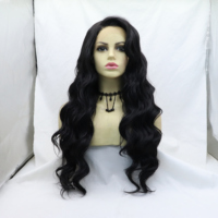 AliLeader Wig Rambut Sintetis Tahan Panas, Model Loose Body Wave Panjang, Warna Hitam, Serat Tahan Suhu Tinggi, Pre Plucked, Lace Front, Laris Manis