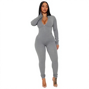 Women's Gray High Waist Knitted Jumpsuit Long Sleeve <b>V</b>-<b>Neck</b> Button Front Sexy Clubwear Full Length Skinny Fit - Product Image 1