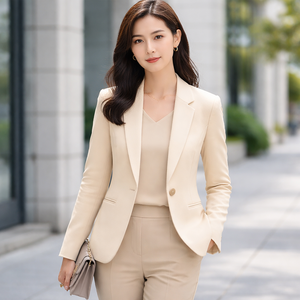 Blazer beige en mélange de laine pour femme, col cranté, bouton unique, manches longues, infroissable, couleur unie, coupe classique, toutes saisons - Product Image 3