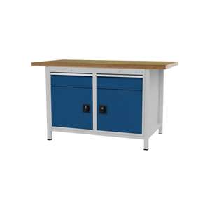 Bedrunka + Hirth Workbench signal bl., RAL 5005 lumière gr., RAL 7035 W1500xH859xP750 mm hêtre multiplex 40 mm 2 tiroirs, 2 portes - Product Image 1