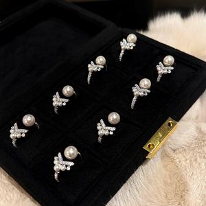 S925 Pure Silver Micro-Inlaid Zircon <b>Pearl</b> Fish Tail <b>Ring</b> with V-Shaped Diamond Niche Design Fashionable Light Luxury - Product Image 1