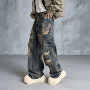 Jeans en denim délavé coupe ample pour hommes, style décontracté, effet usé, <span class=keywords><strong>pantalon</strong></span> streetwear <span class=keywords><strong>skate</strong></span> hip-hop, vente en gros - Product Image 4