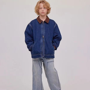 Veste en jean respirante imperméable pour garçon, personnalisée ODM/OEM 2025, lavée à la pierre, <span class=keywords><strong>marron</strong></span> avec col à carreaux - Product Image 1