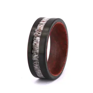 Top Sell 2024 Natural Koa Wood with Antler and Tungsten Combined Special Manly Wedding Band with Pinstripe