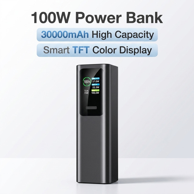 100W PD Fast Charging Aluminum Alloy Power Bank 30000mAh TFT Color Display Portable Charger Type-C USB-A for Laptop Phone Tablet