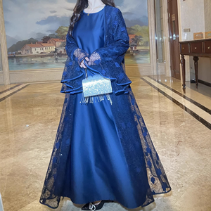 Robe maxi musulmane en satin de luxe LEDUO, deux pièces, avec broderies et manches évasées en dentelle, Abaya - Product Image 1