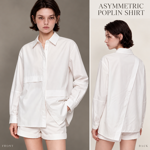 Custom Logo Oversized White Shirt Drop Shoulder <b>Long</b> Sleeve Button Down Shirt Asymmetric Hem Panel Design Streetwear Wholesale - Product Image 1
