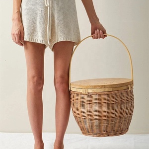 Giỏ Liễu Gai Dã Ngoại Cách Nhiệt Có Tay Cầm Giỏ Dã Ngoại Giỏ Dã Ngoại Tròn Làm Mát Nắp Gỗ - Product Image 1