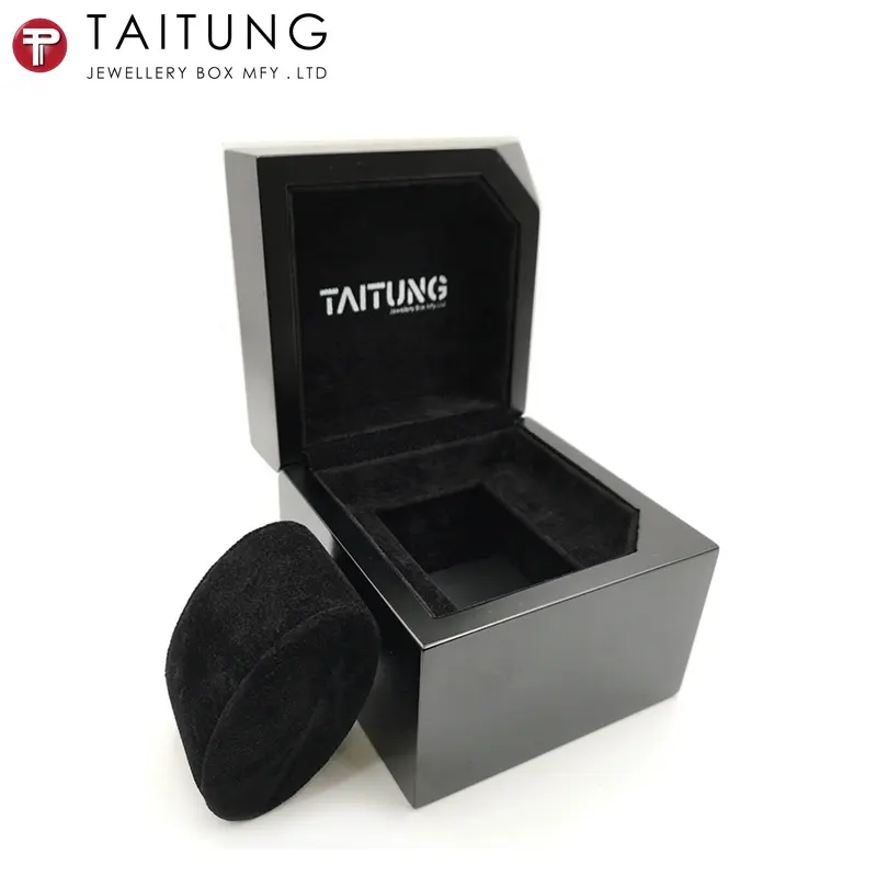 High grade black with custom logo matte wooden watch storage and display box with velvet pillow for one packing