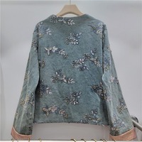 Jaket Denim Wanita Grosir Musim Semi 2026, Berhias Bunga Payet Manik-Manik, Tanpa Kerah, Trim Pink, Leher Bulat, Pendek, Retro Vintage