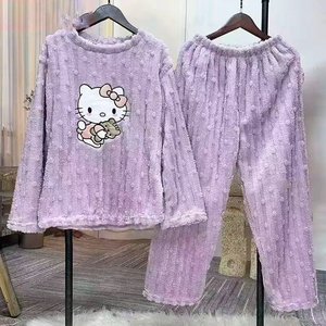 Abbigliamento da notte <span class=keywords><strong>autunno</strong></span> inverno <span class=keywords><strong>donna</strong></span> <span class=keywords><strong>pigiama</strong></span> in flanella corallo KT gatto dolce cartone animato graziosi vestiti per la casa elastico in vita anteriore ispessito - Product Image 4