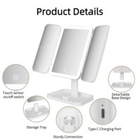 Miroir de Maquillage LED Pliant de Voyage 3 Voies avec Éclairage, Grossissement 2X 3X, Blanc, pour Table, Cosmétique, Trifold